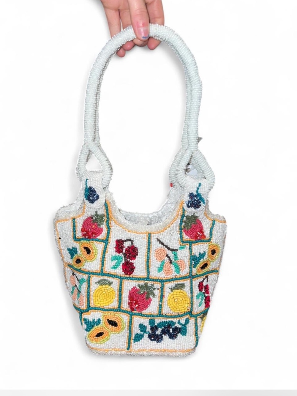 viral white Multicolored fruit grid beaded tote bag made in india